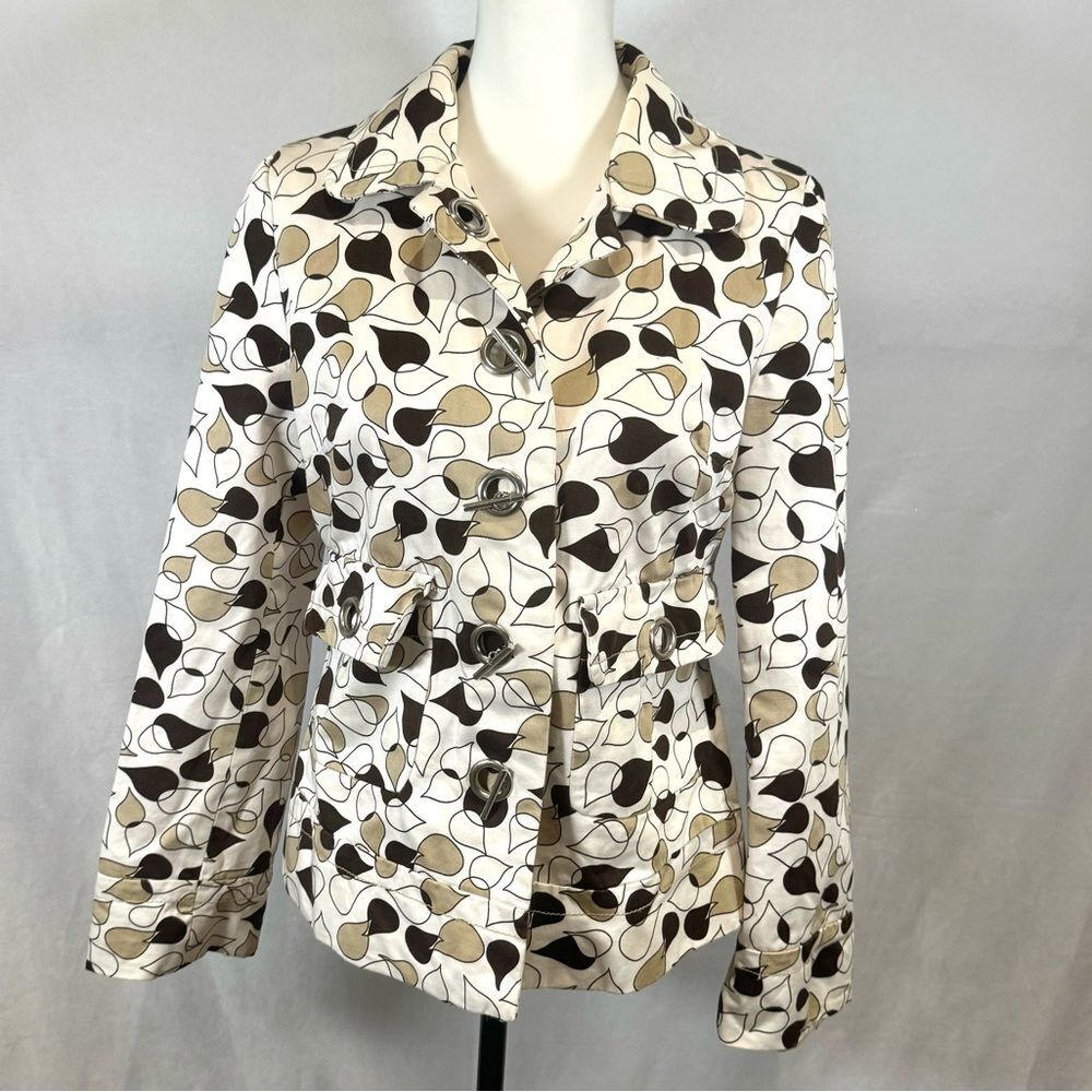 White brown and tan print toggle jacket size small
